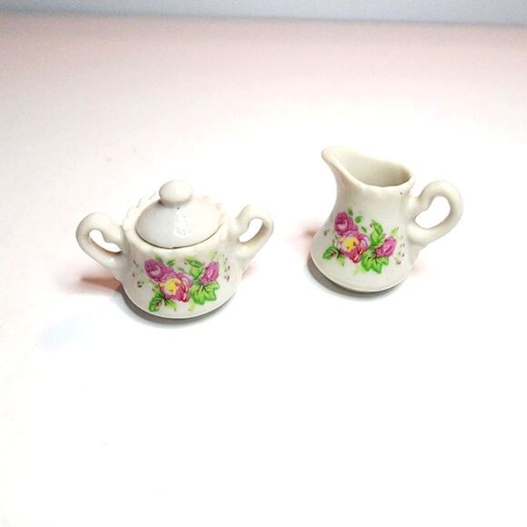 Miniature Porcelean Pitcher and Crock Set White with Flowers 1.5" Tall - Picture 1 of 8